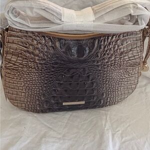 Brahmin Shayna Brown Black Croc-Embossed Leather Shoulder Bag with Gold Hardware
